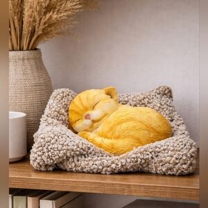 Sleeping Orange Tabby Cat Figurine on Pillow Cozy Home Decor Accent